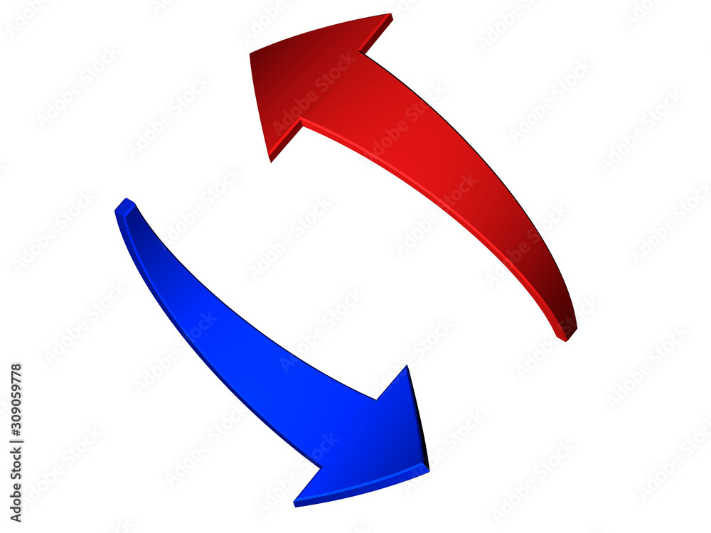 The blue and red arrows rotate according to the parameters. 3d rendering. The blue and red arrows rotate according to the parameters. 3d rendering.