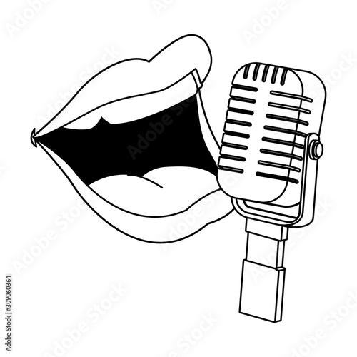 retro microphone and female mouth icon, flat design
