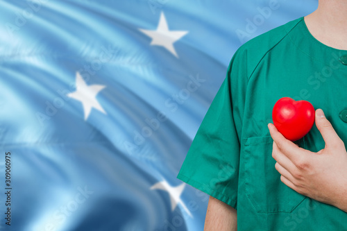 Micronesia veterinary clinic concept. Veterinarian is holding plastic heart in green uniform on national flag background. Animial love theme. photo