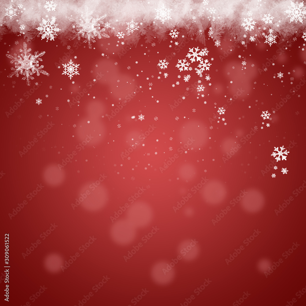 Red Winter Background with snowflakes. Christmas card.