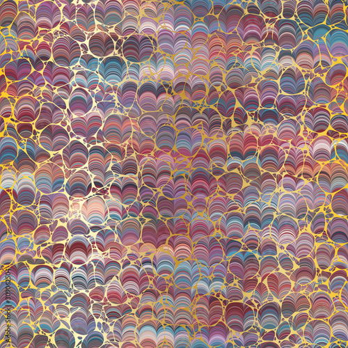 Colorful combed hand marbled paper texture with gold foil bubbles on top. Seamless repeat vector pattern swatch.