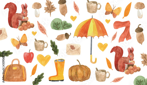 Cute autumn watercolor background with umbrella, scarf, butterfly, heart, bag, apple, boots, leaves, squirrel. Seasonal design for print, decoration. Isolated and high resolution.