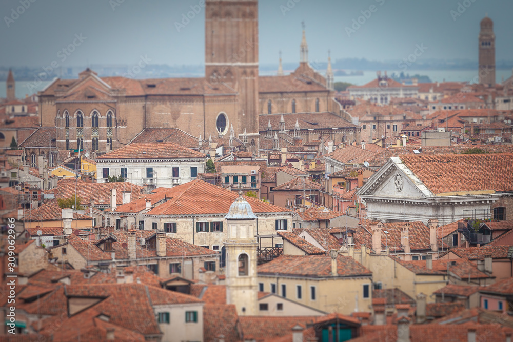 Tilt shift effect of Venice houses roofs near San Barnaba church, Italy