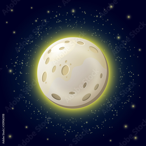 Cartoon yellow moon light starry night sky vector llustration. Evil spirit, mystical local beliefs and folklore idea. Twilight atmosphere, cover for stories about vampires and werewolves. Mystic light