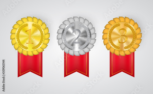 Set of winner metallic medals with red ribbon and engraved wreathes. Vector seals, symbols of achievement, success, respect, championship. Honorable prize, award ceremony concept, victory symbol.