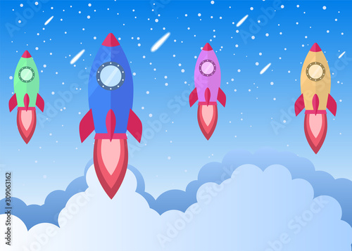 Starting rockets flat style vector poster. Innovation, business achievement symbol. Day sky, outer space flight. Spaceship smoke clouds,  shining stars, comets decoration. Project or product launch.