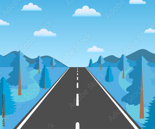 Asphalt road and mountain winter landscape vector illustration. Christamas travel, mountain  adventures, outdoors north countries journey poster. Ski resort recreation activity. Slippery iced surface.