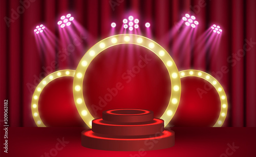 Red podium with marquee and fame spotlight vector light. Winner or product presentation concept illustration. Luxurious, high class stage, award ceremony. Projector rays of scarlet light on the scene.