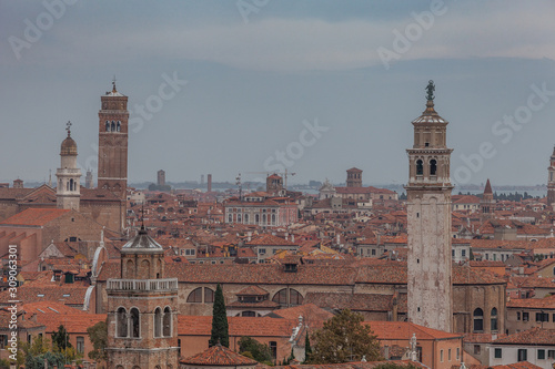 Aerial panorama of venetian bell towers and houses, Venice, Italy
