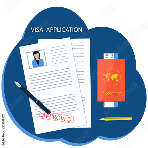 Visa application - letterhead, passport, ticket - abstract icon - isolated on white background - vector. Tourist documentation. Travel Approval.