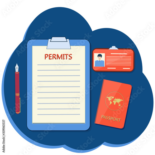 Form for permits - badge with photo, passport, fountain pen - abstract icon - isolated on white background - vector. Tourist documentation. Travel Approval.
