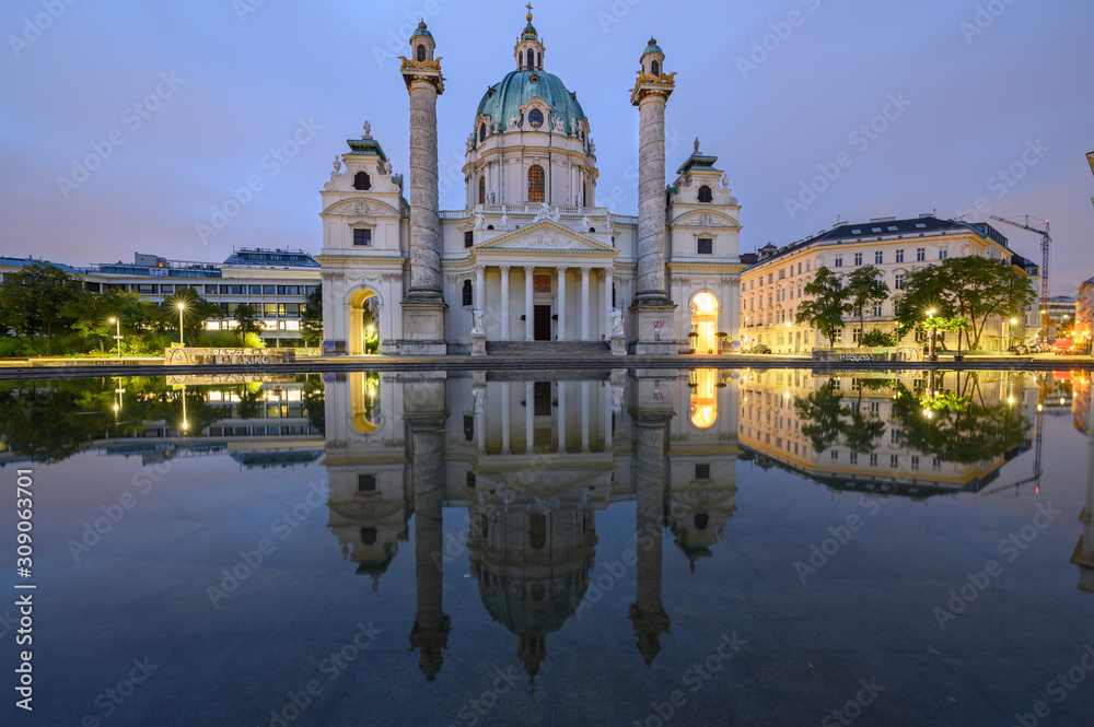 Reflection of St. Charles's Church in Vienna, Austria