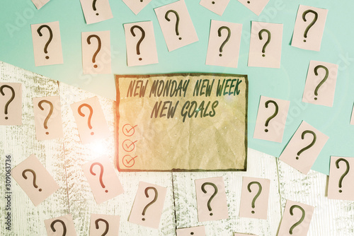 Writing note showing New Monday New Week New Goals. Business concept for showcasing next week resolutions To do list Scribbled and crumbling papers with thick cardboard above wooden table