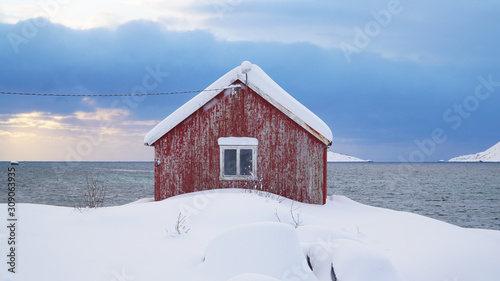 Winter landscapes after heavy snowfall in Skjelfjorden Fjord in the Lofoten Islands, Norway. photo