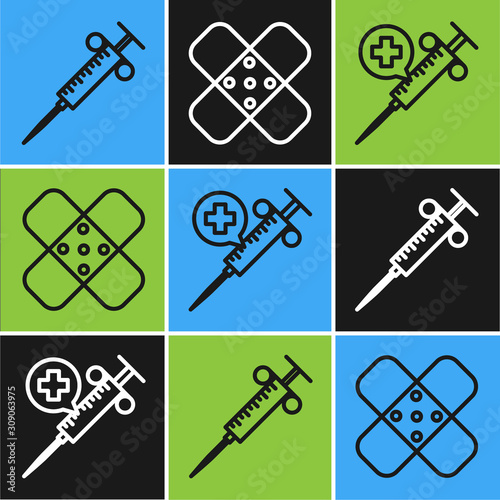 Set line Syringe, Medical syringe with needle and Crossed bandage plaster icon. Vector