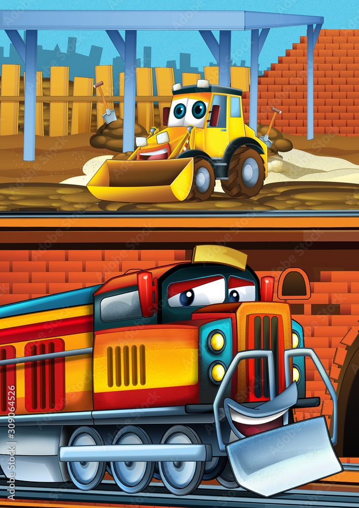Cartoon funny looking train on the train station near the city and excavator digger car driving - illustration for children Stock Illustration | Adobe Stock Cartoon funny looking train on the train station near the city and excavator digger car driving - illustration for children Stock Illustration | Adobe Stock