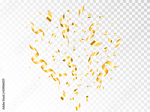 Confetti gold explosion on transparent backdrop. Golden burst with decoration elements. Bright flying ribbon. Anniversary or birthday template. Vector illustration