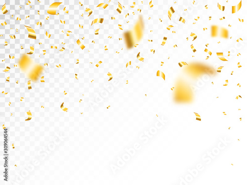Gold confetti isolated on transparent backdrop. Falling golden confetti. Luxury festive tinsel. Realistic bright serpentine. Anniversary decoration elements. Vector illustration