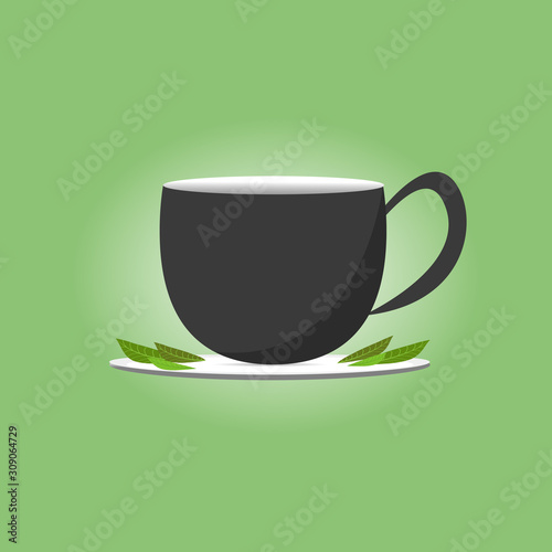 Black Cup of Tea  saucer plate and tea leaves on green background. Vector Stock Illustration.
