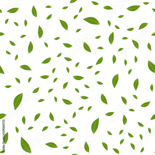Seamless pattern of tea leaves on white background. Stock vector illustration.