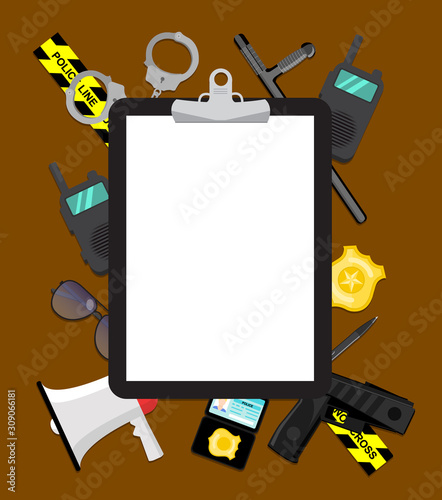 Tablet with copy space a4 format blank paper on background of traditional police items. Cartoon stylized blank for arrest warrant, police report photo