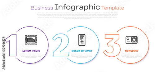 Set line Postal stamp and Coliseum, Smartphone with electronic boarding pass airline ticket and Action extreme camera. Business infographic template. Vector