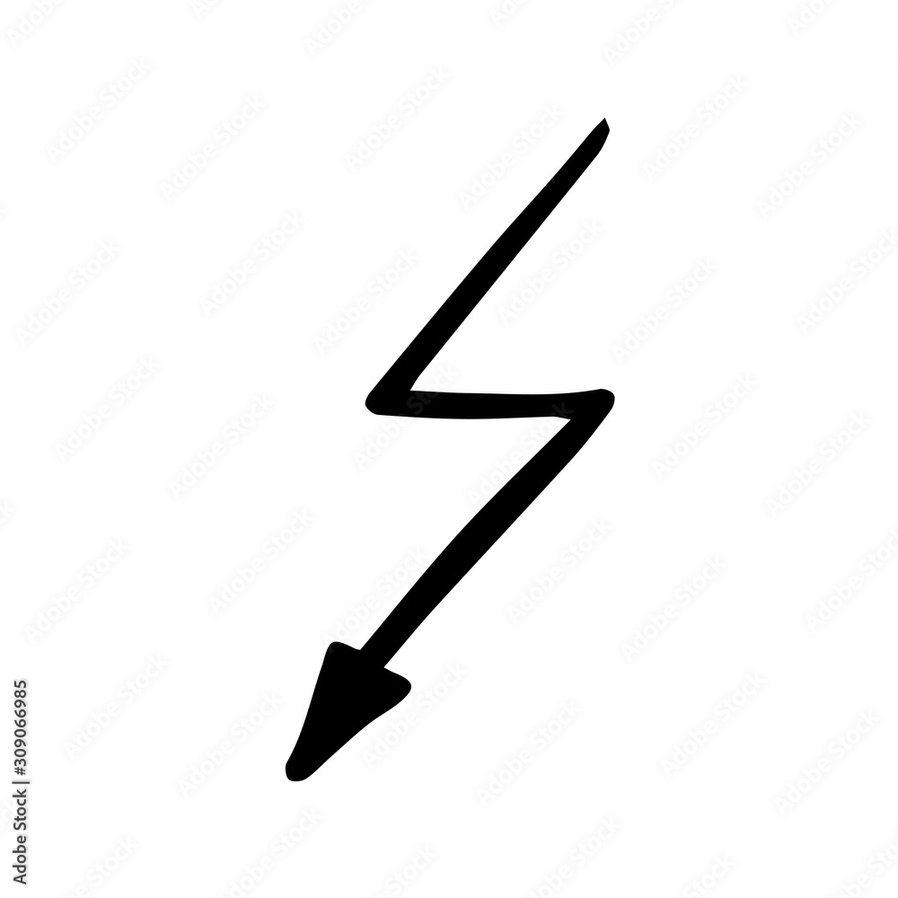 Single hand drawn arrow or lightning. Doodle vector illustration for greeting cards, posters, stickers, packaging, comics design. Isolated on white background.