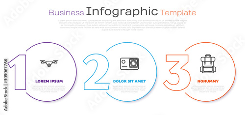 Set line Drone flying with action video camera, Action extreme camera and Hiking backpack. Business infographic template. Vector