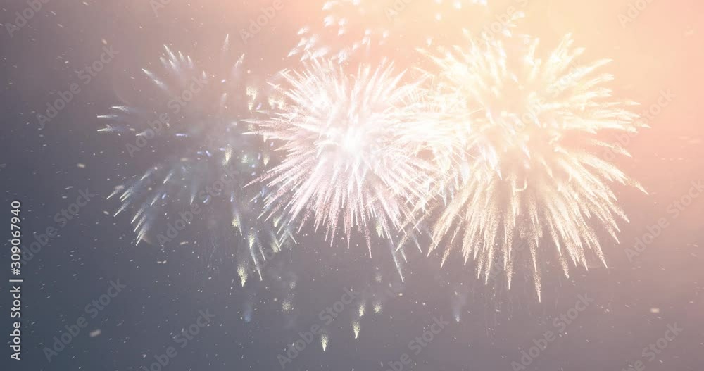 Magical artistic sky with magical multiple colourful fireworks and snow falling animation background. 