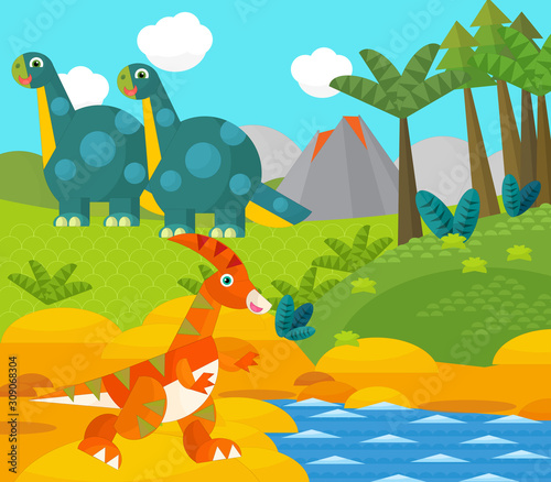 Cartoon happy dinosaur near some river and volcano - illustration for children