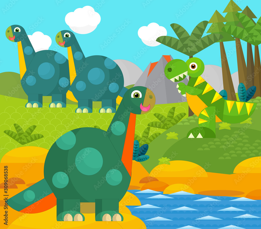 Naklejka premium Cartoon happy dinosaur near some river and volcano - illustration for children