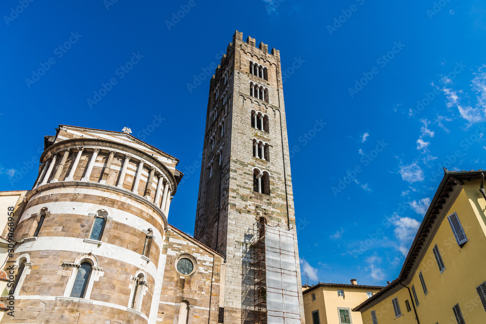 San Frediano basilica tower in the ancient town of Lucca, Italy