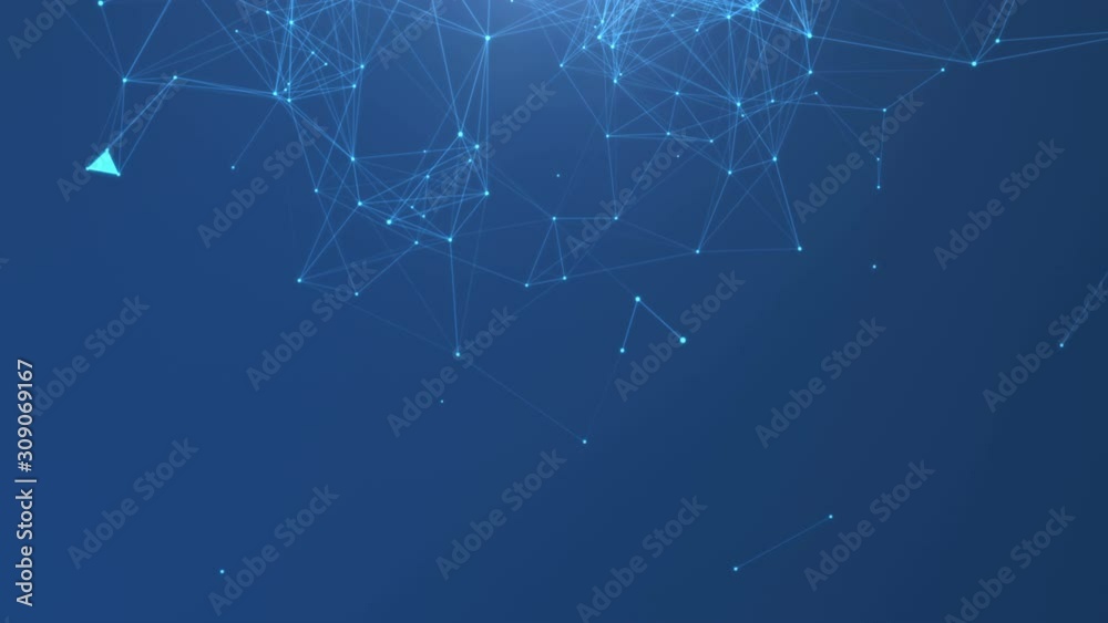 Abstract cg polygonal neon blue surface. Geometric poly light triangles motion background. Chain lines