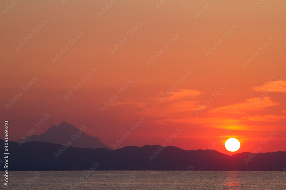 red sunrise near Mount Athos, Greece