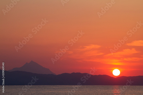 red sunrise near Mount Athos  Greece