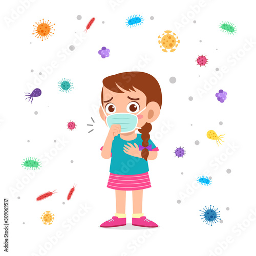 sad cute kid girl cough use masker