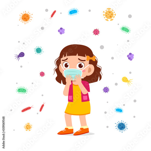 sad cute kid girl cough use masker