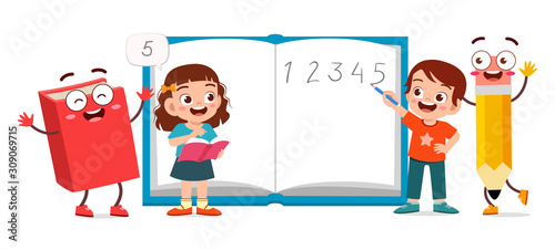 happy cute kid boy learning in school