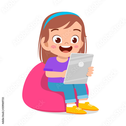 happy cute kids boy and girl using tablet vector