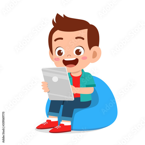 happy cute kids boy and girl using tablet vector