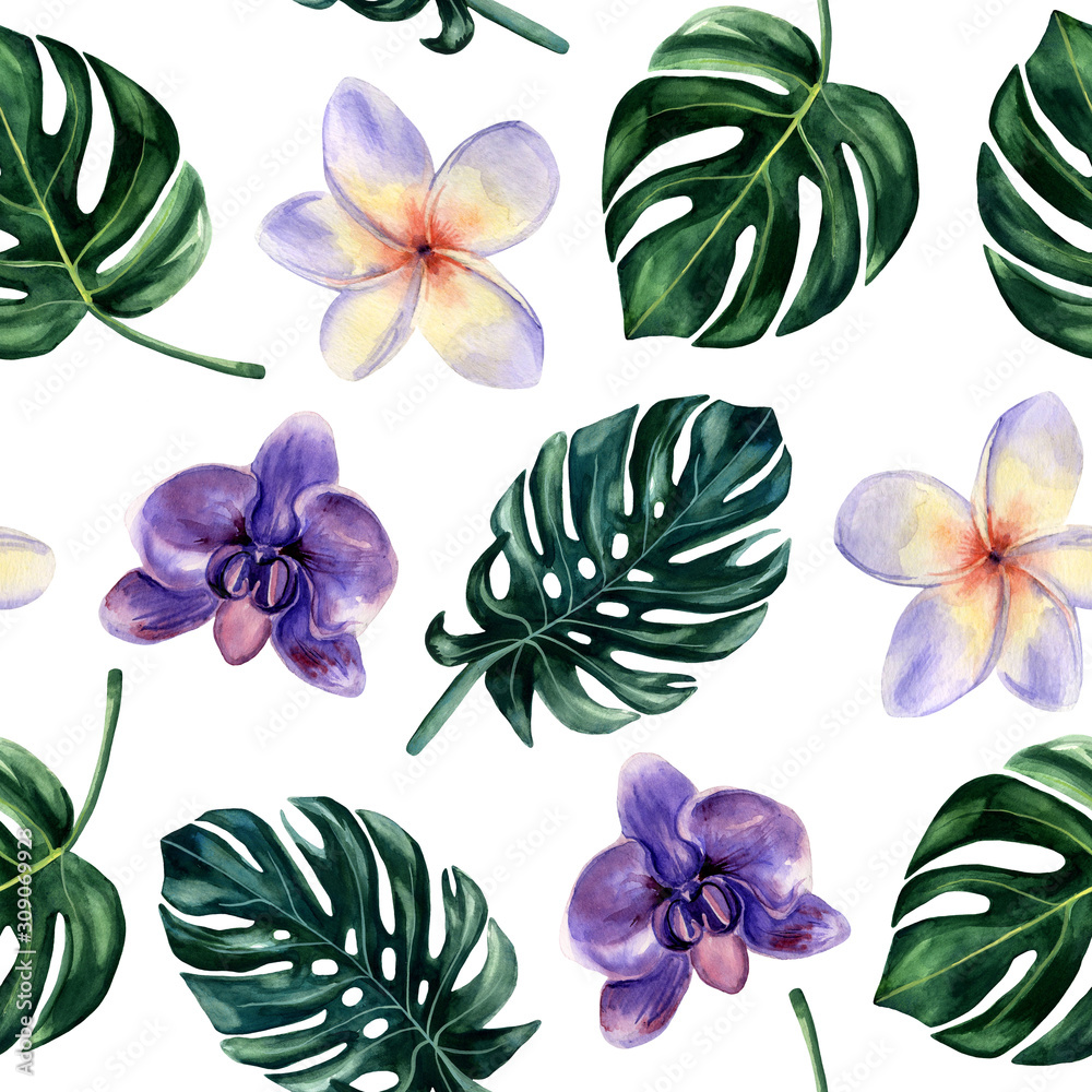 Watercolor hand painted seamless pattern with orchid and plumeria flowers and monstera leaves on white background. Bright tropical pattern is perfect for trendy textile design.