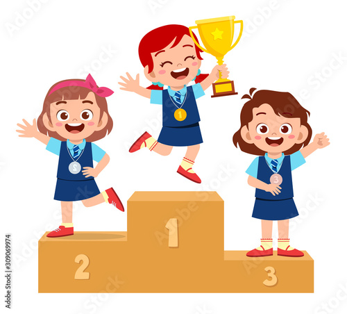 happy cute kid boy win on podium