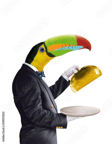 homme animal, tête de toucan, cuisine, chef, maître d'hôtel, serveur, waiter , plat, restaurateur, présentation, brun, vert, créature, illustration, 3d, mammifère, personne, gens, homme d'affaires, hu photo