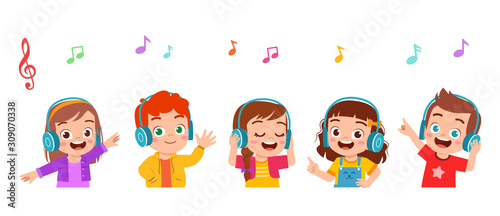 happy cute kid boy and girl listening music