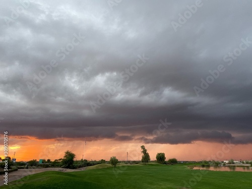 sunset over green field