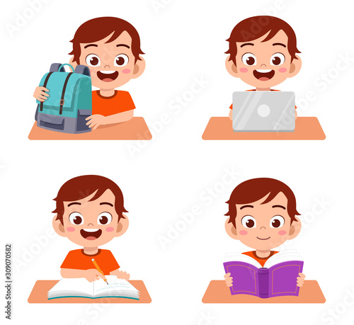happy cute kid boy study in school set