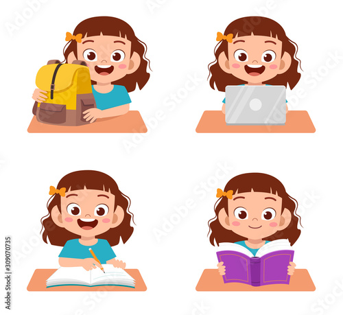 happy cute kid girl study in school set