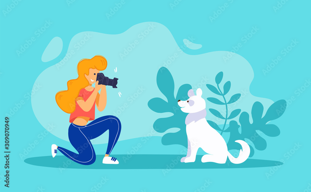 Pet photographer taking photo of a dog. Young woman with digital camera and funny white puppy. 