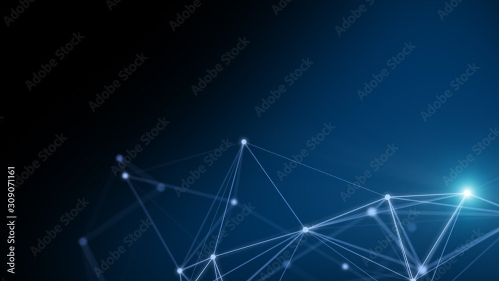 Technology network and communication with line and dot moving with transfer information data line and dot on blue background. Technology network and communication with line and dot moving with transfer information data line and dot on blue background.