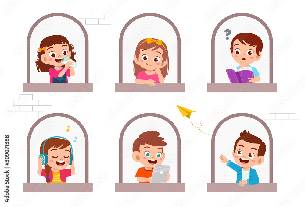 happy cute kid study on window set happy cute kid study on window set